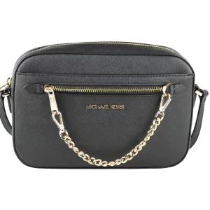Michael Kors Jet Set East West Black Gold Saffiano Zip Chain Crossbody Handbag