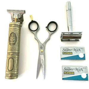 Men's Hair Trimmer T-liner Shaving Rechargeable + Shears Old Fashion Safety Razors Blades