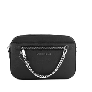 Michael Kors Jet Set East West Black Saffiano Leather Zip Chain Crossbody Handbag