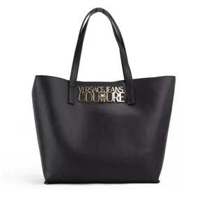 Versace Jeans Couture Black Grained Faux Leather Logo Lock Tote Shoulder Handbag