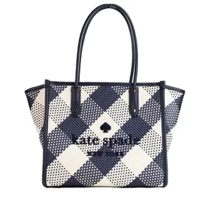 Kate Spade Ella Gingham Blazer Blue Oversized Straw Tote
