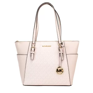 Michael Kors Charlotte Large Light Powder Blush Signature PVC Top Zip Tote Handbag