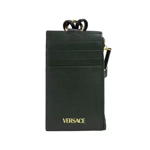 Versace Bottle Green Leather Zip Card Case Lanyard Wallet