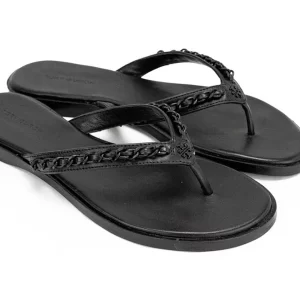 Tory Burch Everly Black Leather Chain Flip Flop Sandals