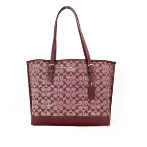 Coach Mollie Wine Signature Denim Chambray Canvas Leather Tote