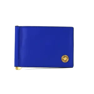 Versace Smooth Vitello Leather Blue Money Clip Wallet