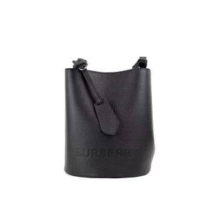 Burberry Lorne Small Black Branded Leather Bucket Crossbody Handbag