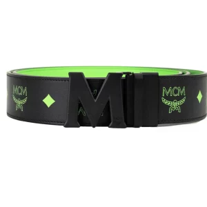 MCM Smooth Visetos Logo Summer Green Leather Adjustable Reversible M Buckle Belt
