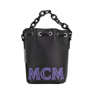 MCM Mini Black Purple Smooth Leather Chain Drawstring Bucket
