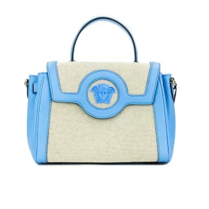 Versace La Medusa Blue Leather Canvas Satchel Tote