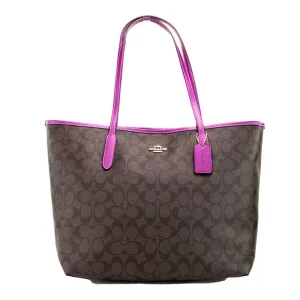 Coach (5696) Graphite Brown Dark Magenta Coated Canvas City Tote Shoulder Bag