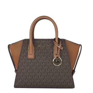 Michael Kors Avril Brown Signature PVC Leather Top Zip Satchel Convertible Handbag
