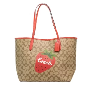 Coach Khaki Red Wild Strawberry Coated Canvas City Tote
