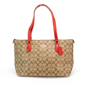 Coach Gallery Khaki Red Signature Coated Canvas Tote Bag