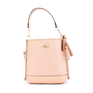 Coach Mollie 22 Shell Pink Straw Leather Bucket Crossbody
