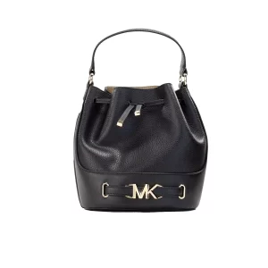 Michael Kors Reed Medium Black Leather Belted Bucket Messenger