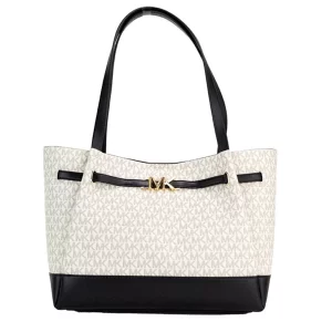 Michael Kors Reed Large Vanilla Black Signature PVC Belted Tote Shoulder Handbag