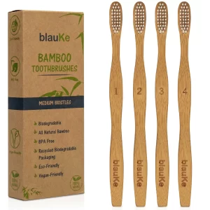 Bamboo Toothbrush Set 4-Pack - Bamboo Toothbrushes with Medium Bristles for Adults - Eco-Friendly, Biodegradable, Natural Wooden Toothbrushes
